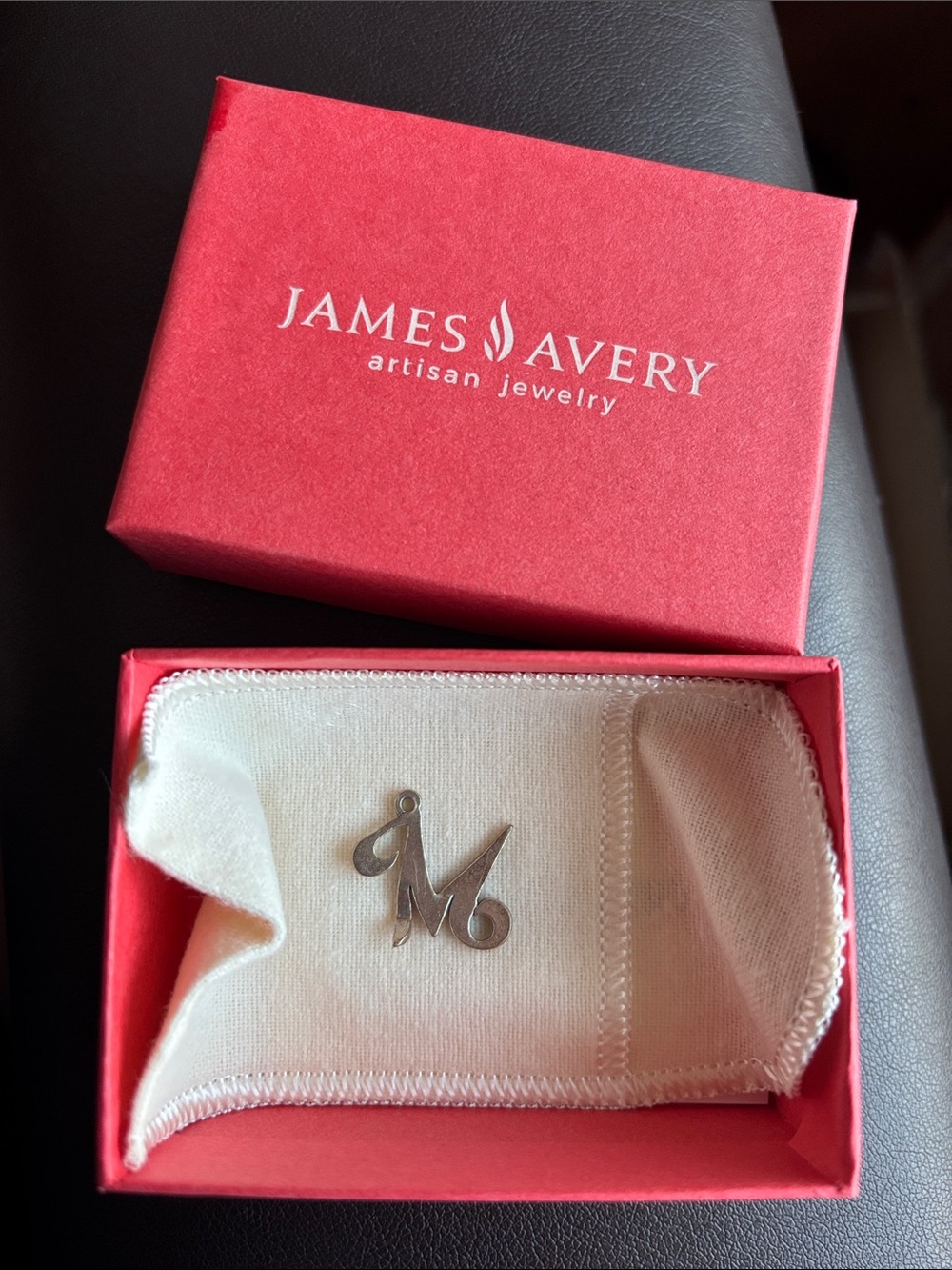 James Avery Sterling Silver 'M' Monogram Pendant with Red Presentation Box